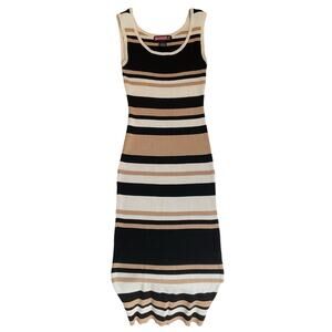 Say What? Women Midi Dress L Black Beige Striped Bodycon Sleeveless Stretchy